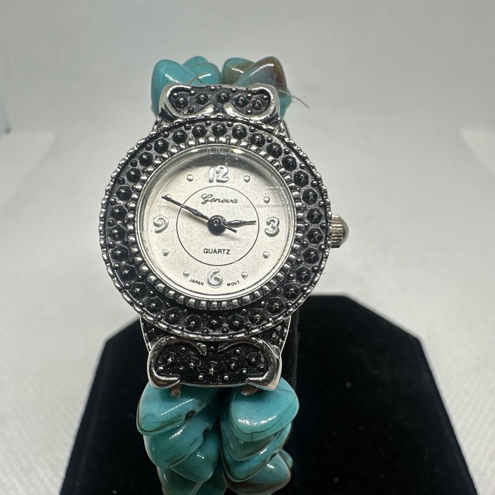 Geneva Watch Stretch Bracelet Set Womens Silver Tone Faux Turquoise Beaded Boho